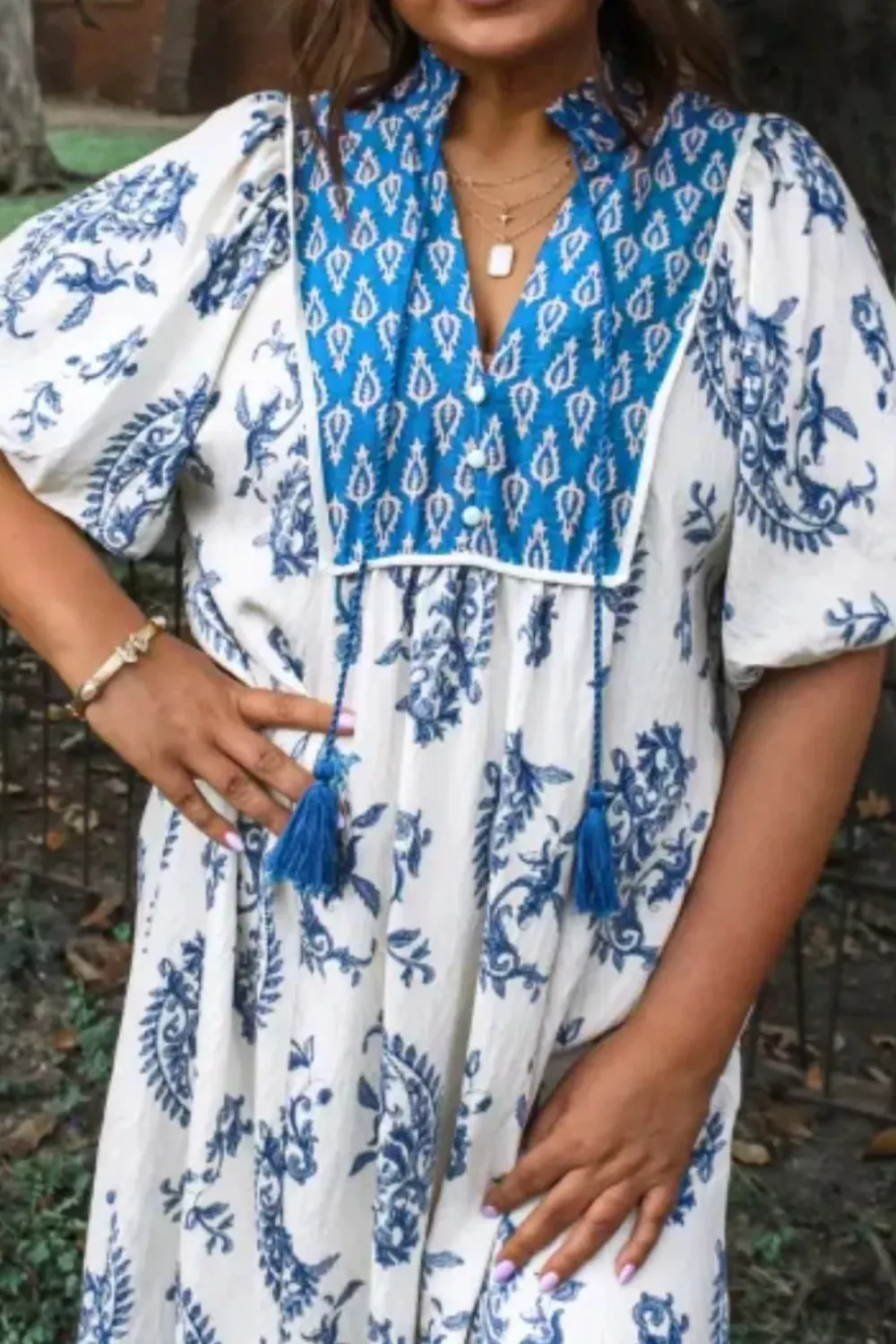 Floral Print Contrast Boho Patchwork V Neck Loose Midi Dress, image 3