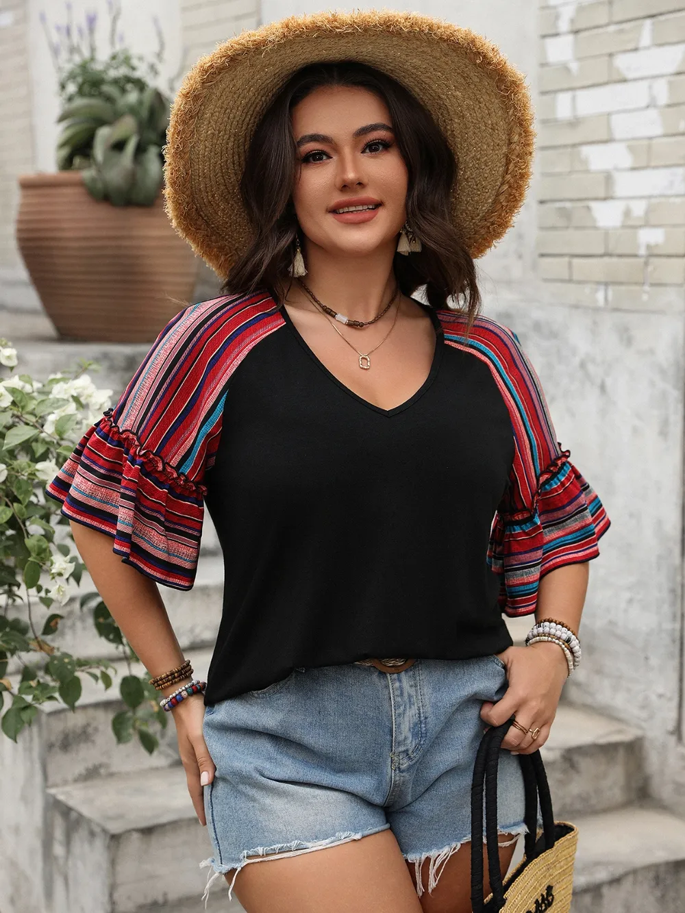 Plus Size V-Neck Flounce Sleeve Top, image 2
