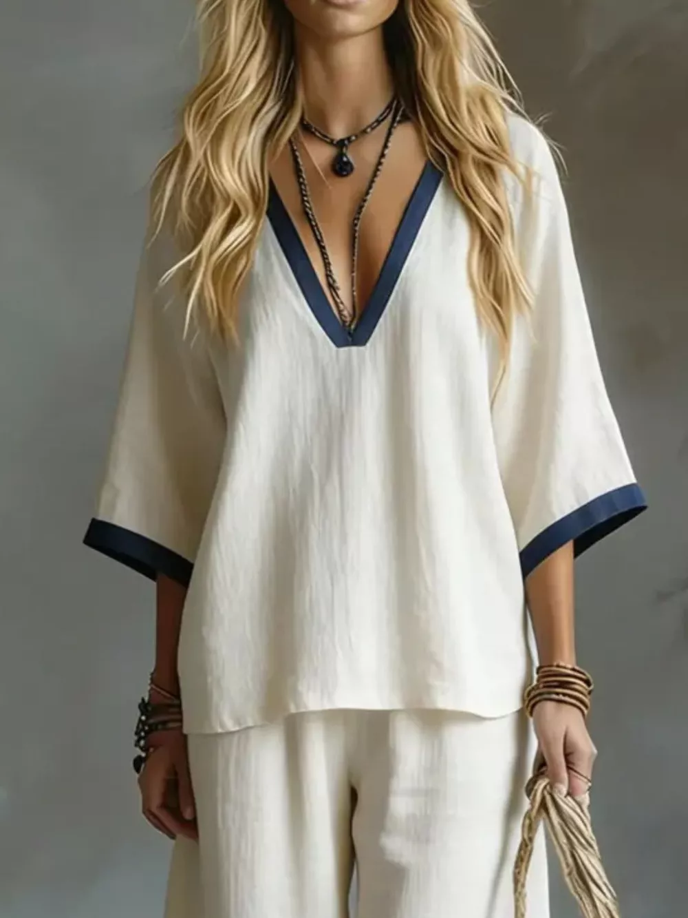 Contrast Trim V-Neck Top and Pants Set, image 3