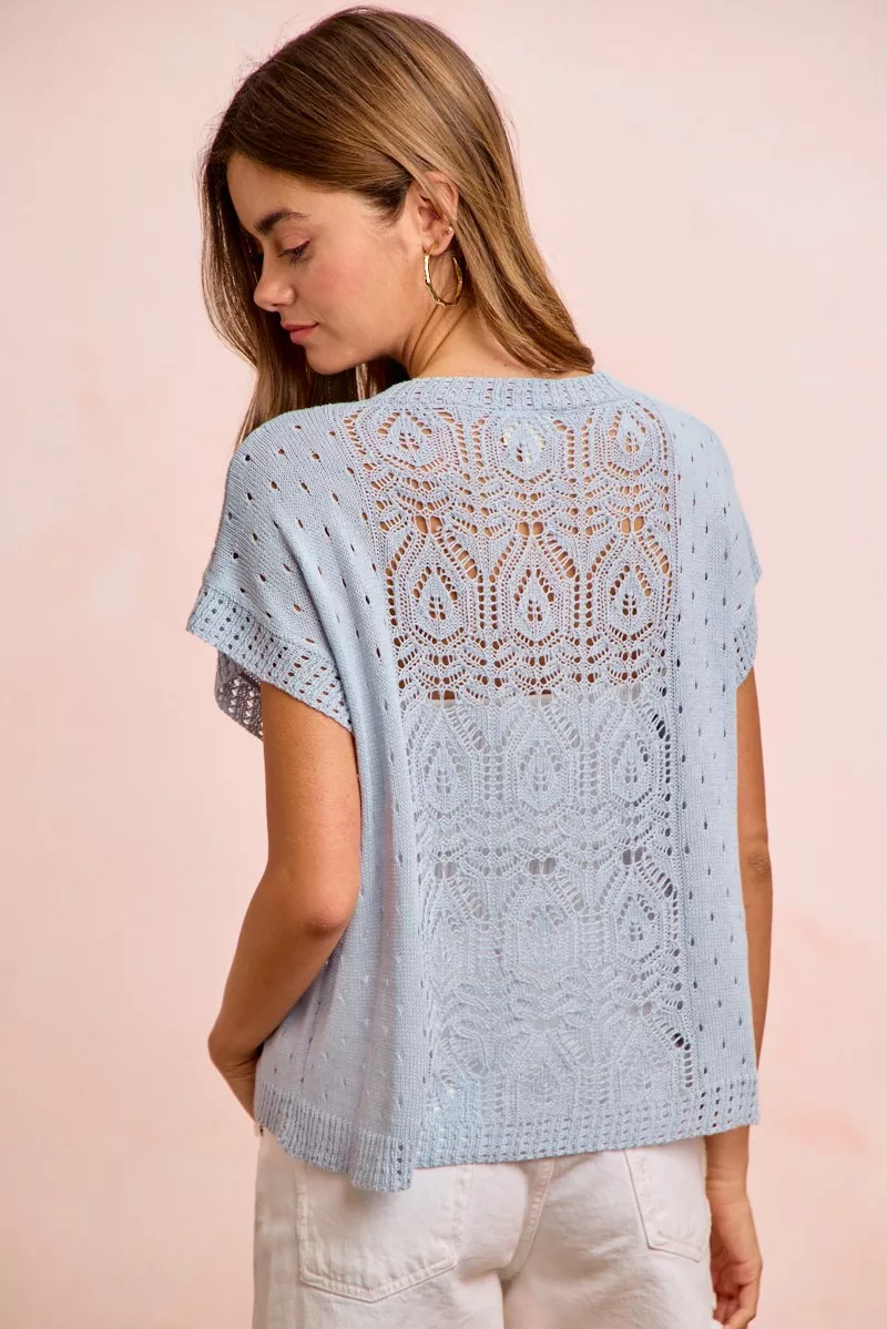 Washed Eyelet Short Sleeve Breathable Knit Top, image 5