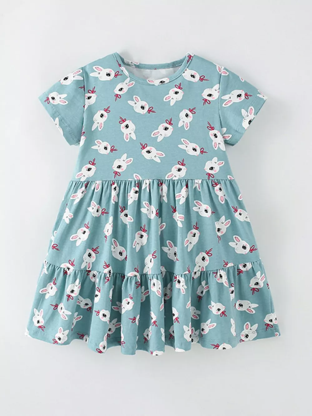 Children's Cute Bunny Print Tiered Ruffle Dress