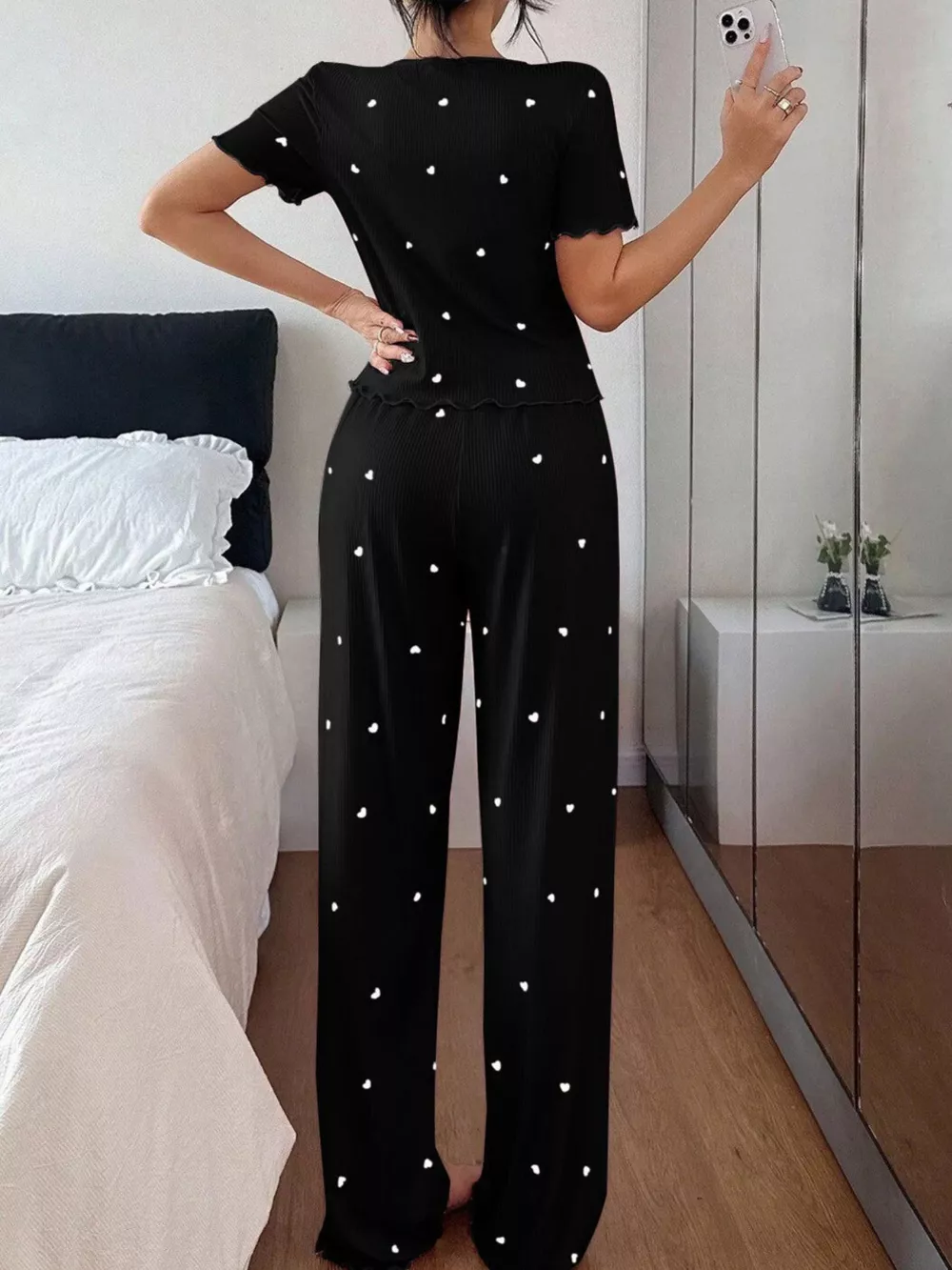 Heart Print Lettuce Trim Top and Pants Loungewear Set, image 15
