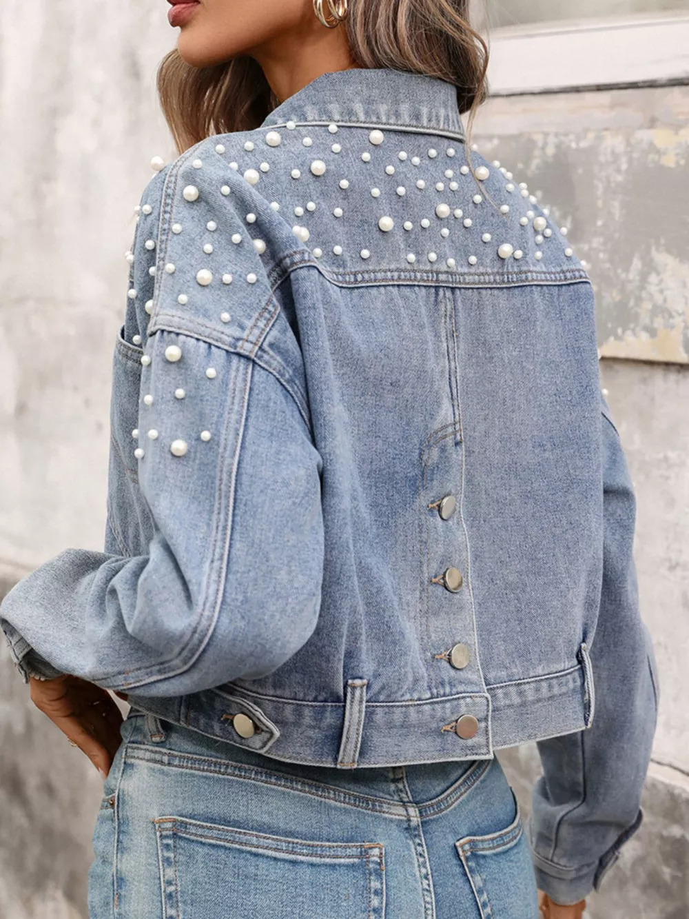 Pearl Embellished Cropped Denim Jacket, image 4