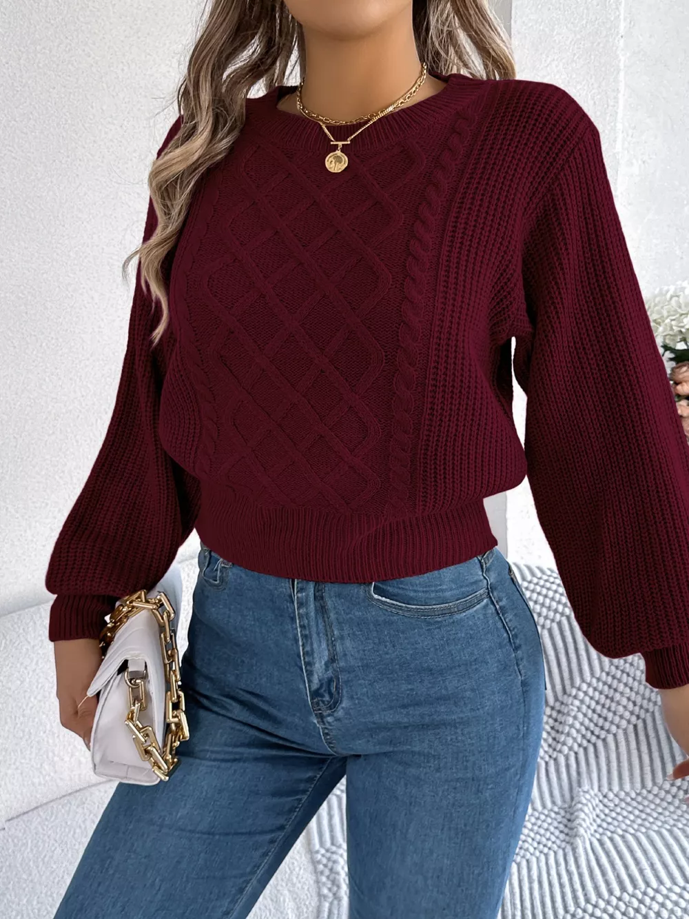 Cable Knit Diamond Pattern Long Sleeve Sweater, image 14