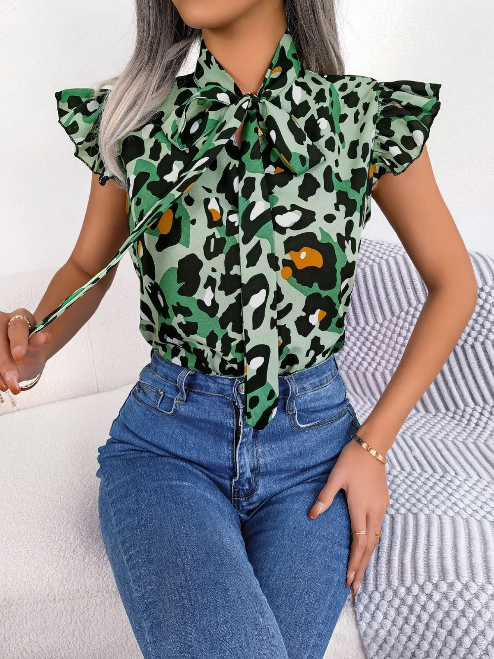 Leopard Tie Neck Cap Sleeve Blouse, image 7