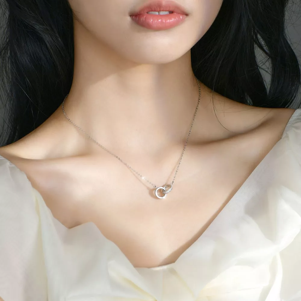 925 Sterling Silver Double Circle Pendant Necklace, image 4