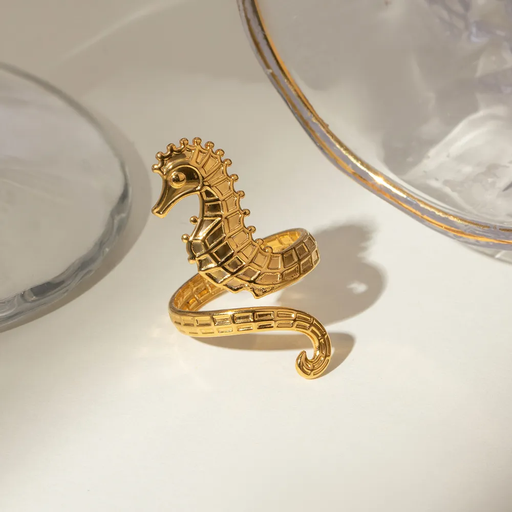 18K Gold-Plated Seahorse Wrap Adjustable Ring, image 5