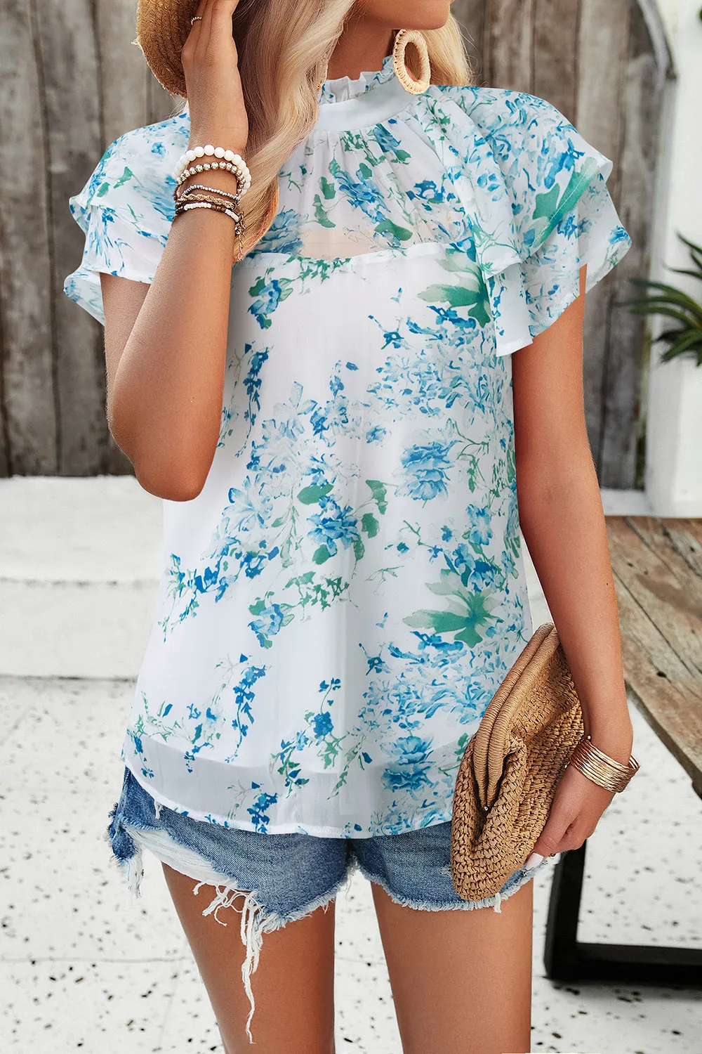 Printed Ruffled Mock Neck Blouse, image 22