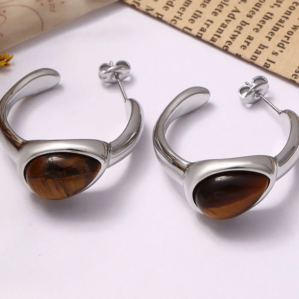 Stainless Steel Natural Tiger's Eye C-Hoop Earrings, image 6