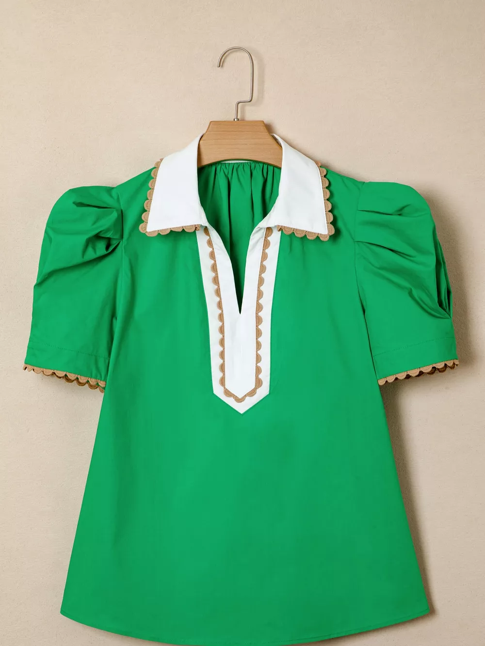 Ricrac Trim Color Block Patchwork Shirt Collar Short Sleeve Blouse, image 6