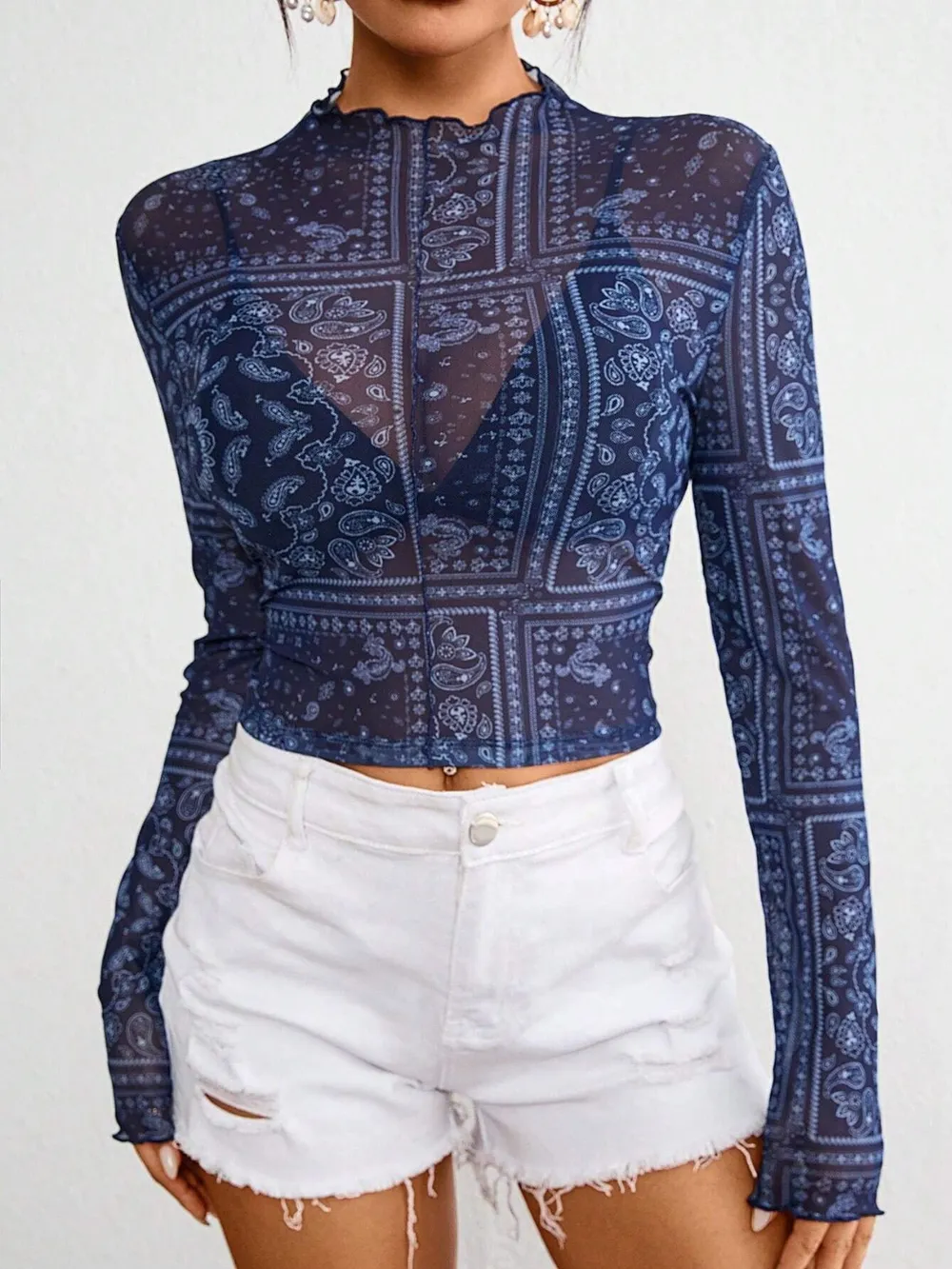 Paisley Mock Neck Long Sleeve Sheer Top, image 4