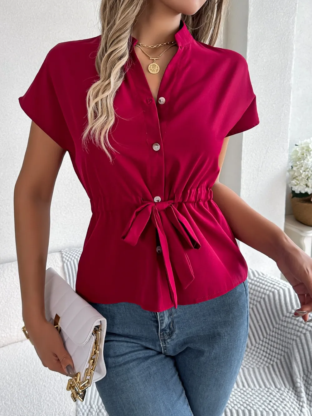 Notched Short Sleeve Blouse, image 14
