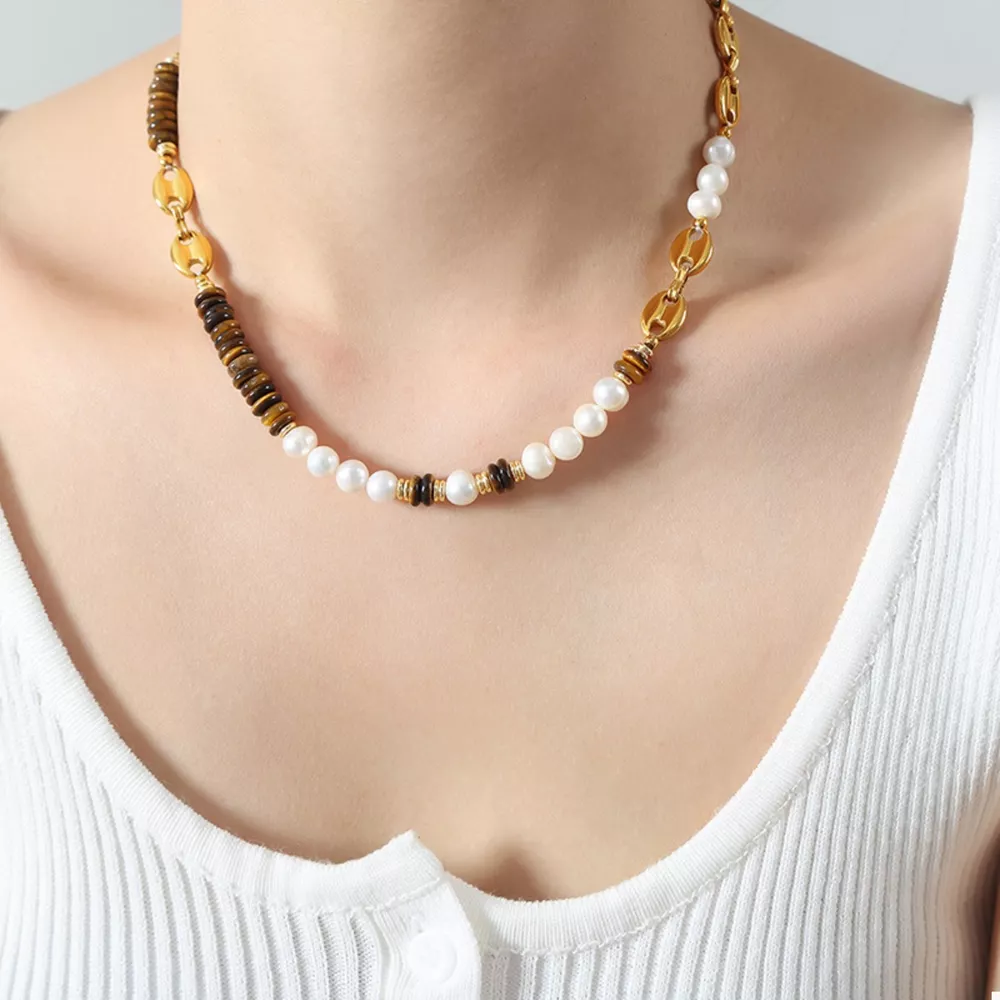 Tiger's Eye Freshwater Pearl 18K Gold-Plated Bead Necklace, image 2