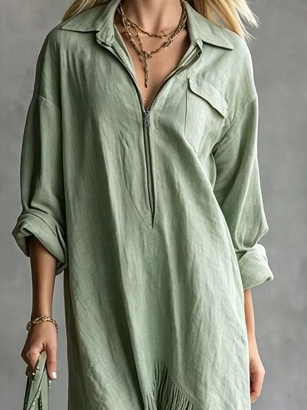 Zipper-Front Fringe Hem Midi Dress, image 7