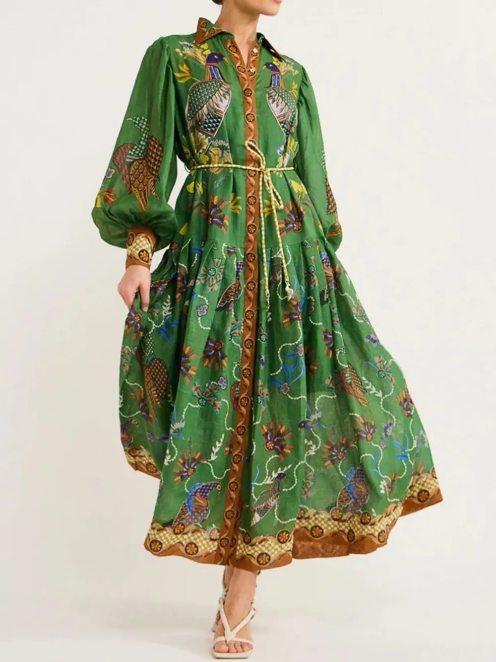 Printed Lantern Sleeve Maxi Shirt Dress, image 2