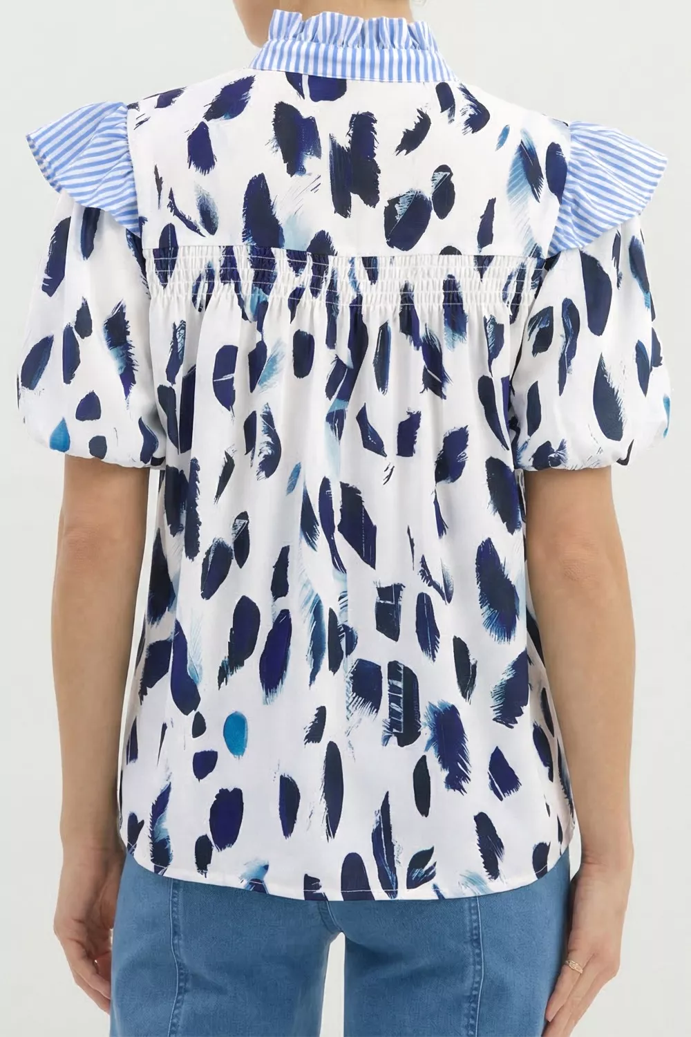 Abstract Animal Print Striped Ruffle Trim V Neck Blouse, image 4