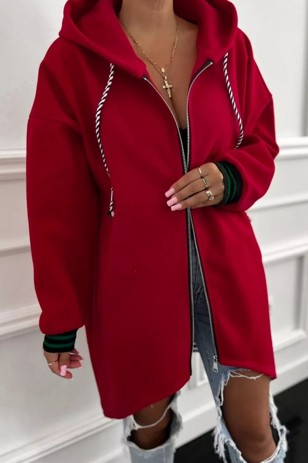 Contrast Cuffed Drop Shoulder Zip Up Hoodie