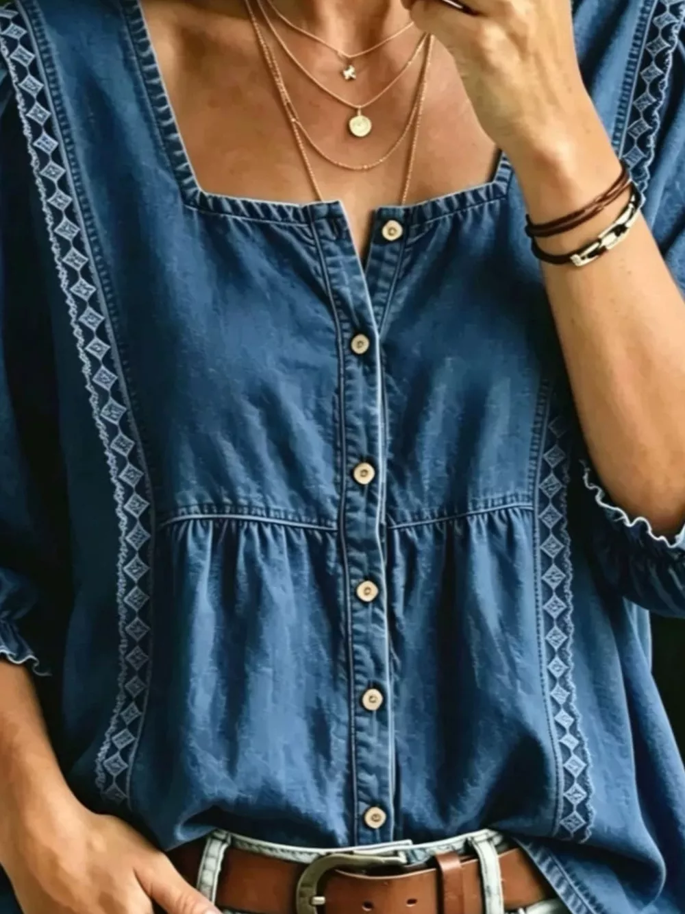 Full Size Square Neck Button-Down Denim Shirt Plus Size, image 6