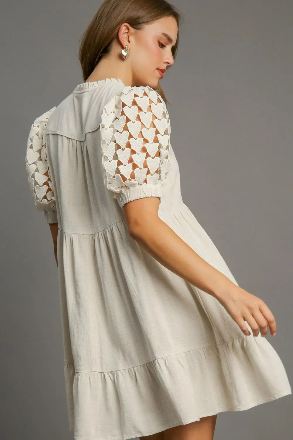 Full Size Ruffled Hem Heart Lace Sleeve Tie Neck Dress Plus Size, image 2