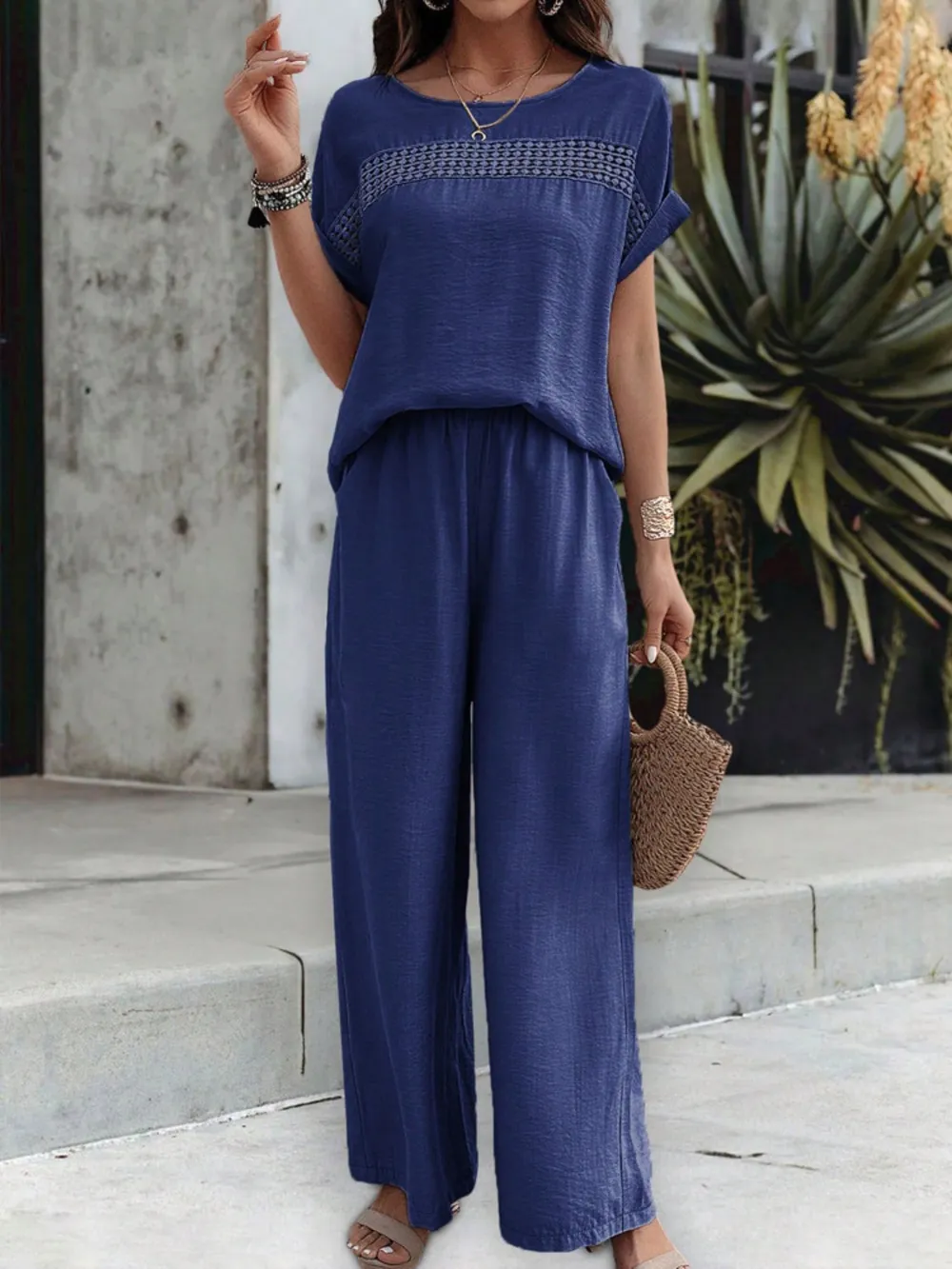 Round Neck Short Sleeve Top and Pants Set, image 8