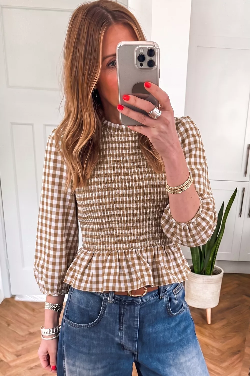 Gingham Smocked Ruffled Hem Blouse, image 3