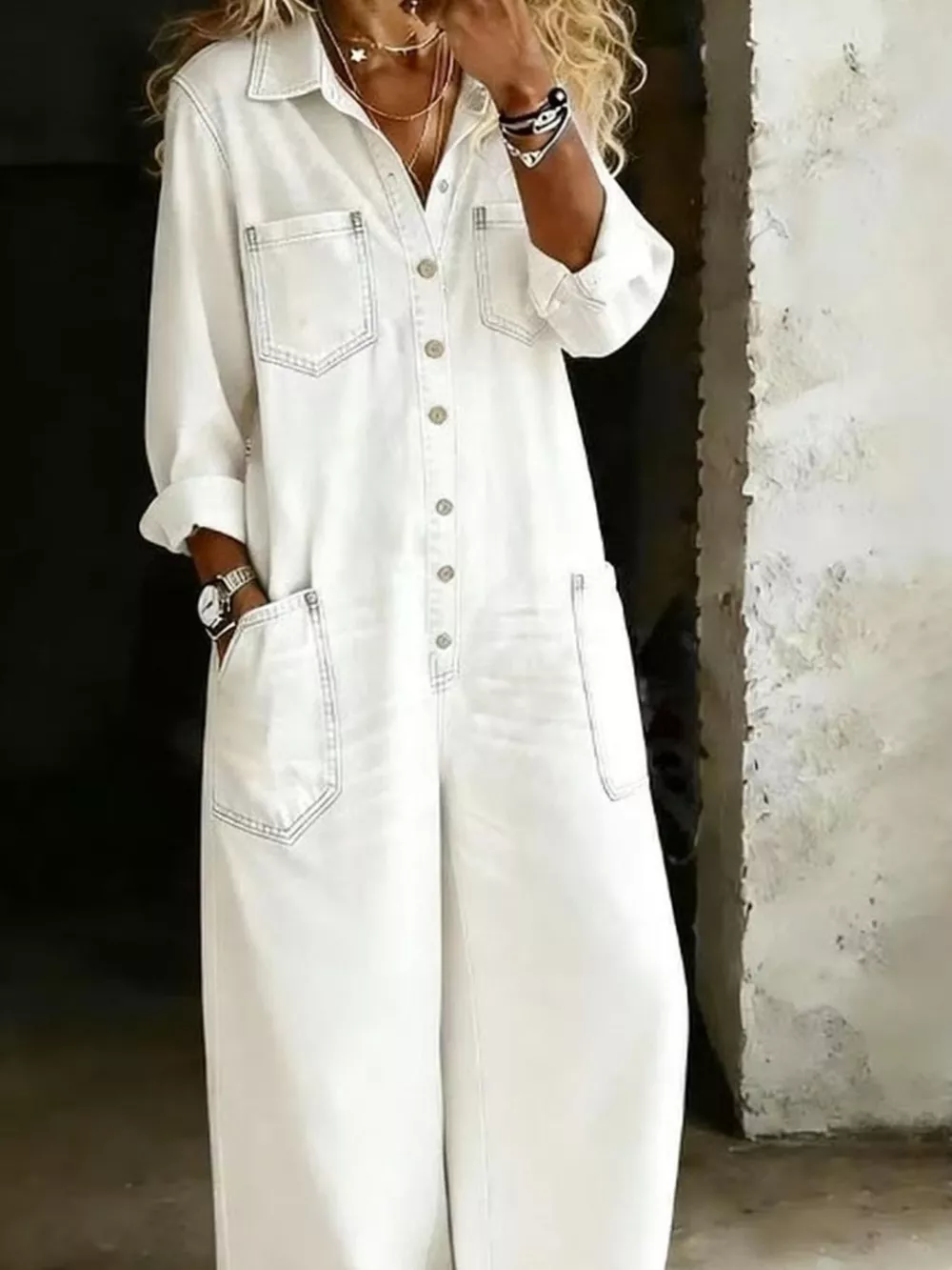 Full Size Button Front Wide Leg Jumpsuit with Chest Pockets Plus Size, image 5