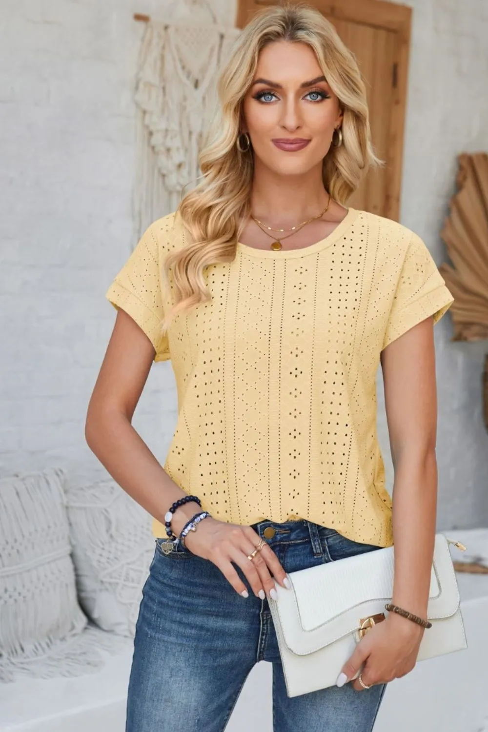 Eyelet Round Neck Rolled Short Sleeve T-Shirt, image 2
