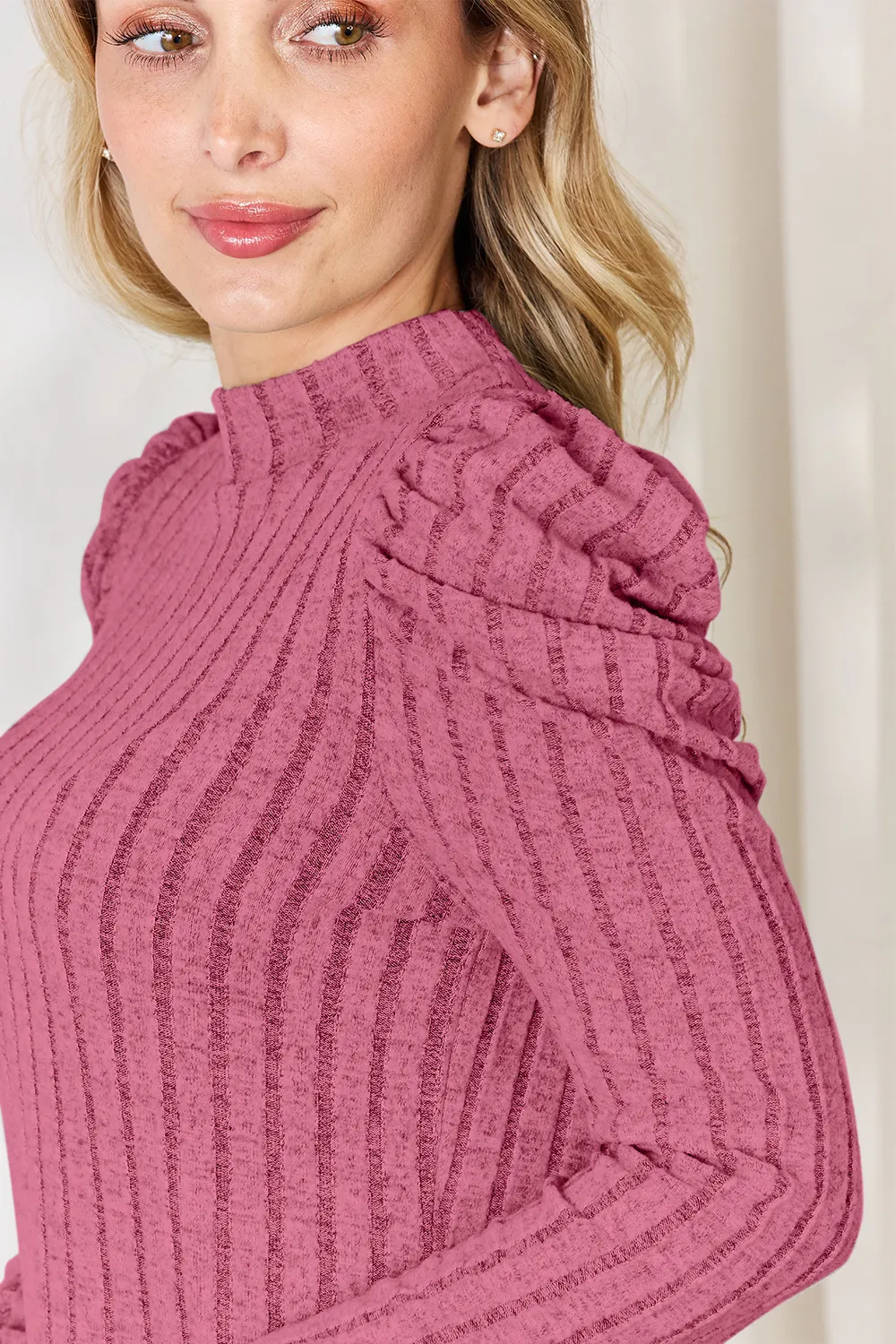 Full Size Ribbed Mock Neck Puff Sleeve T-Shirt, image 16