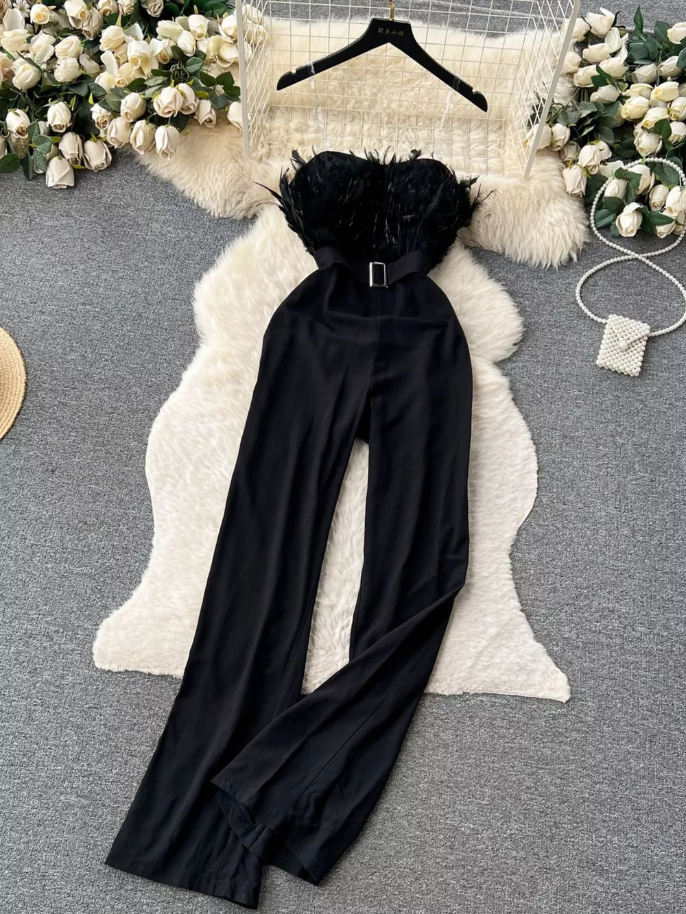 Feather Trim Strapless Wide Leg Jumpsuit