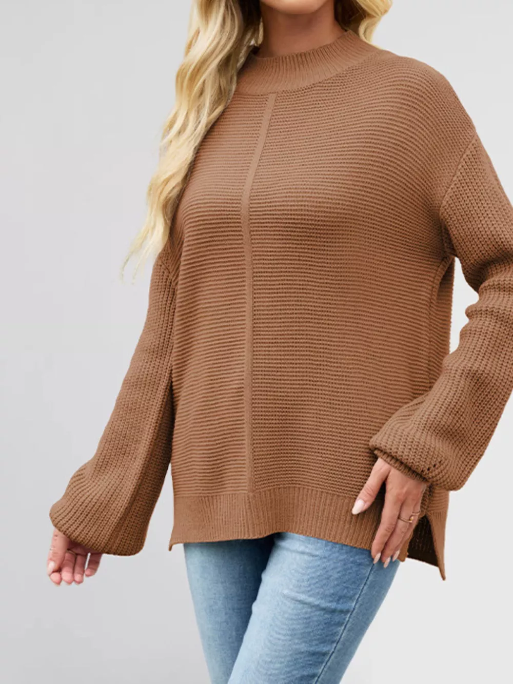 Ribbed Mock Neck Drop Shoulder Sweater, image 8