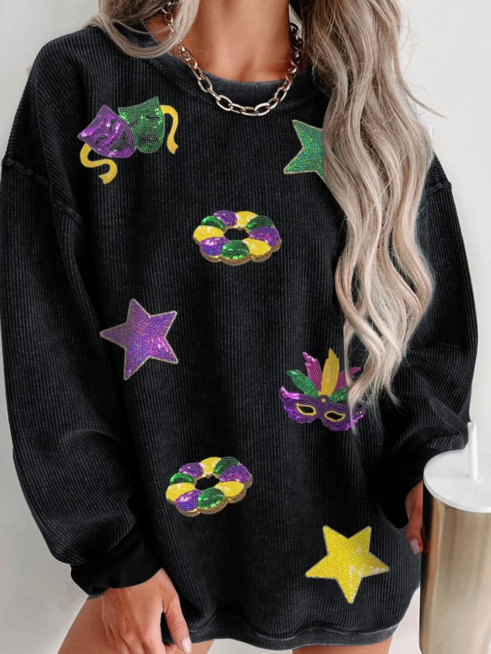 Sequin Round Neck Long Sleeve Sweatshirt, image 3