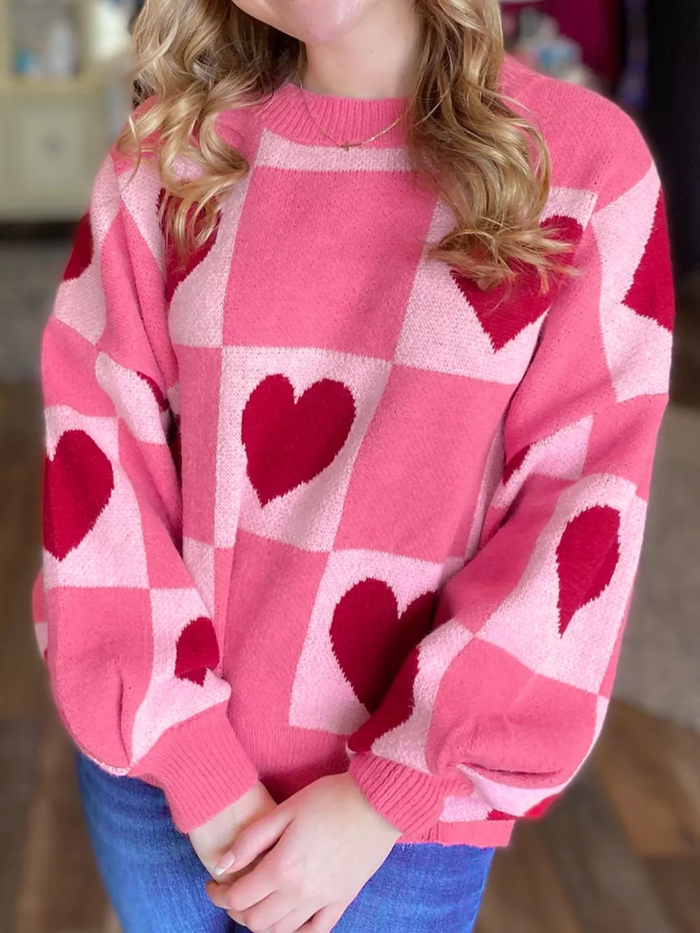 Heart Pattern Checkered Round Neck Sweater, image 3