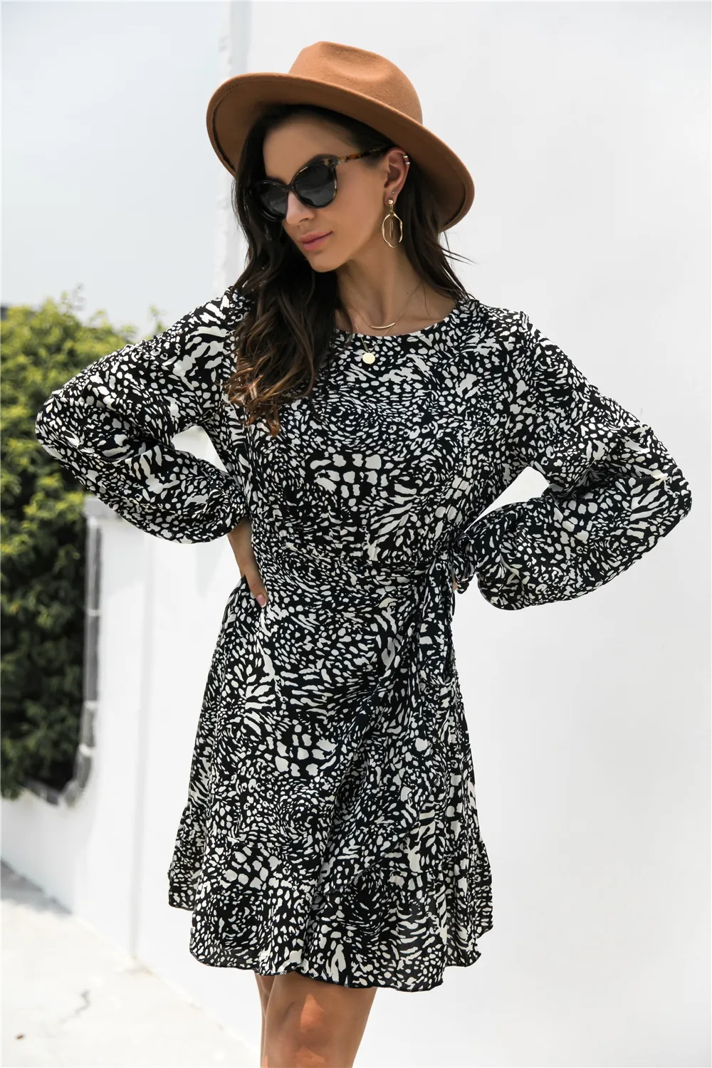 Animal Print Round Neck Balloon Sleeve Mini Dress, image 3