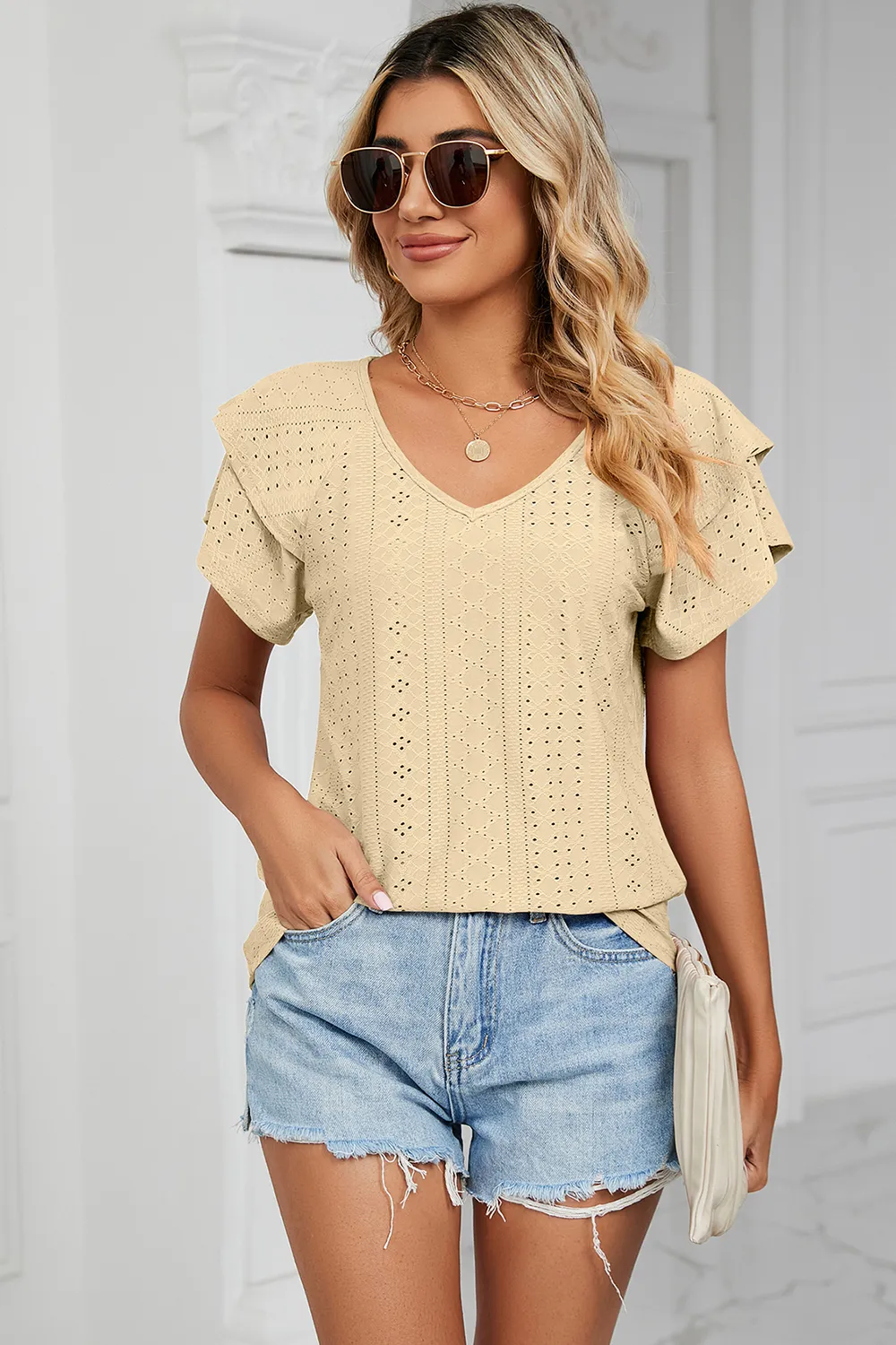 Eyelet V-Neck Short Sleeve T-Shirt, image 14
