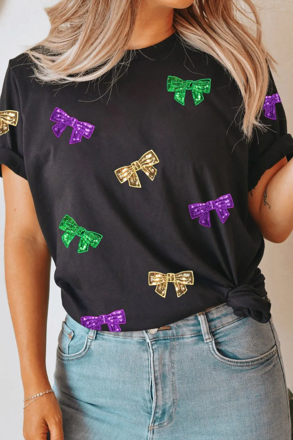 Bow Print Sequin Round Neck Short Sleeve T-Shirt, image 3