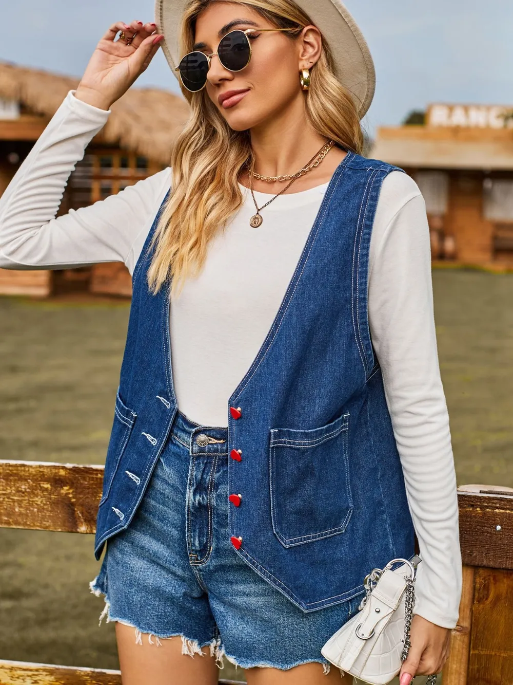 Pocketed Button Up Sleeveless Denim Jacket, image 2