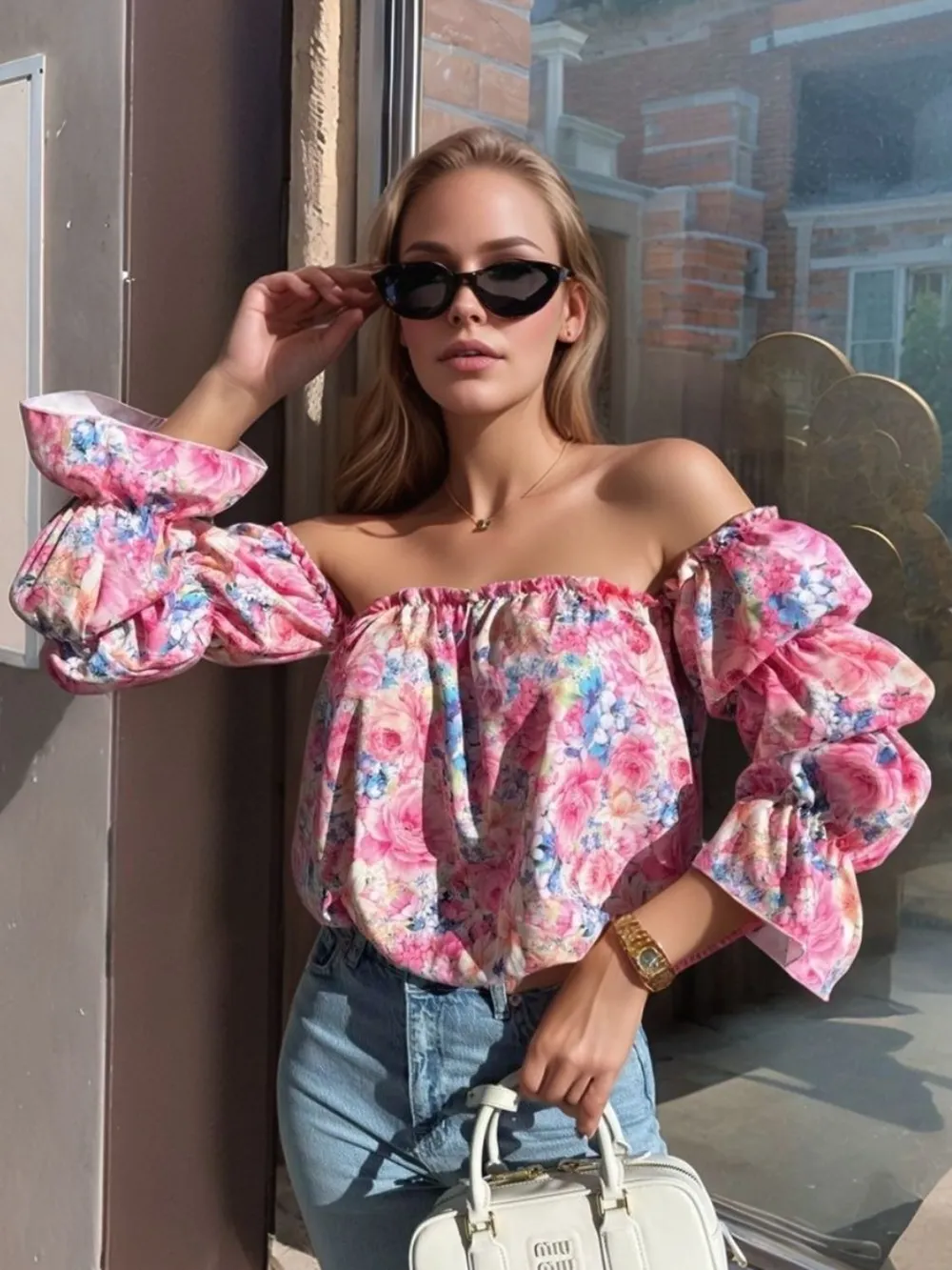 Printed Off-Shoulder Flounce Sleeve Blouse, image 2