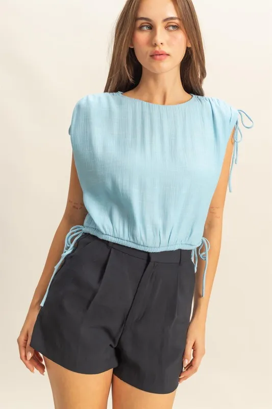 Bubble Hem Side Tie Detail Round Neck Sleeveless Blouse