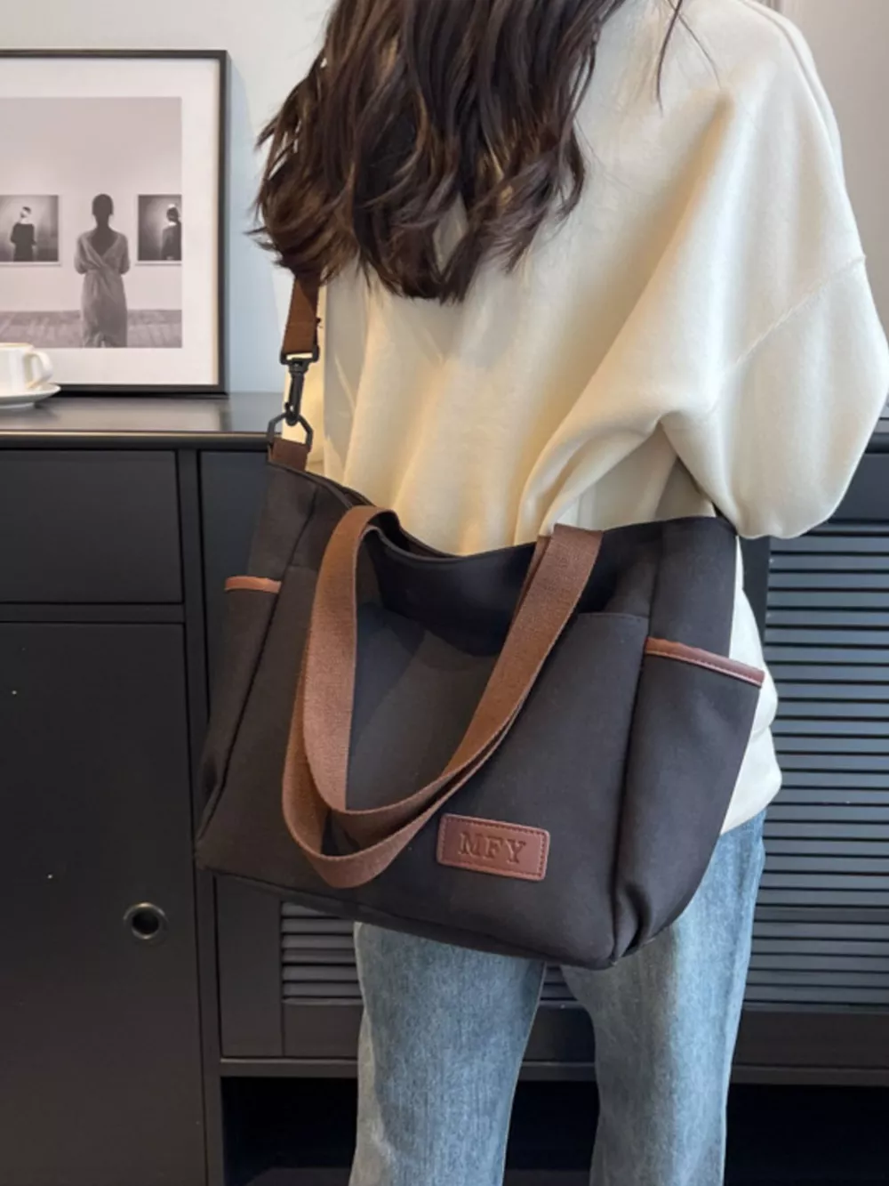 Canvas Shoulder Bag with Adjustable Strap, image 3
