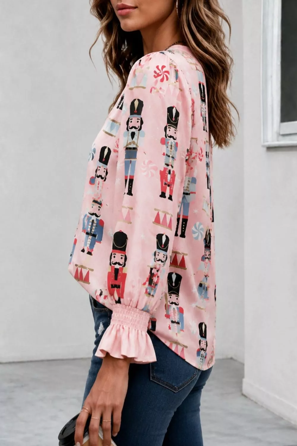 Nutcracker Print Notched Flounce Sleeve Blouse, image 5