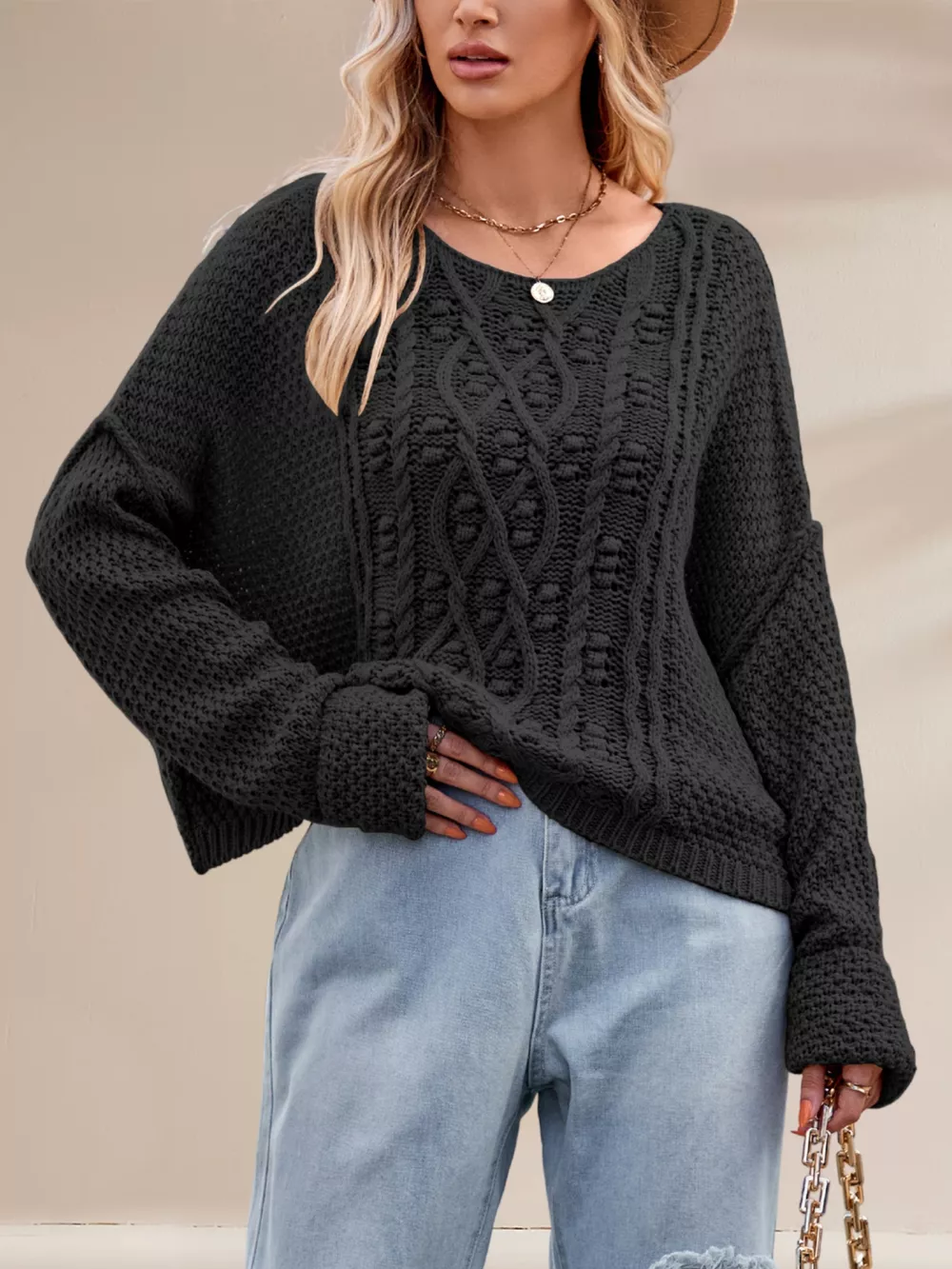 Textured Knit Round Neck Sweater, image 9