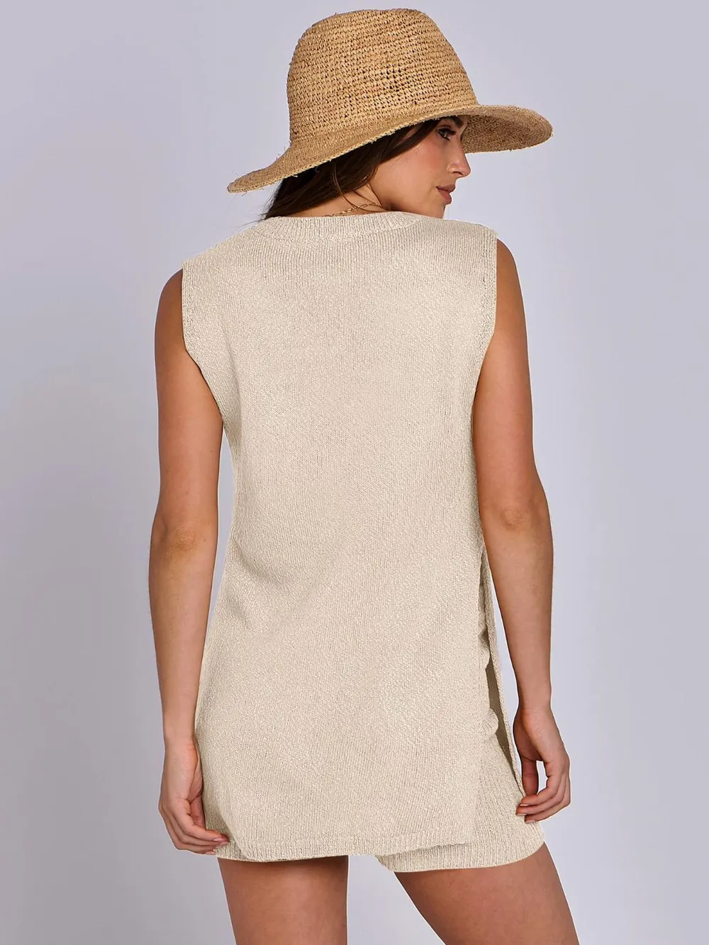 Side Slit Round Neck Tank and Ribbed Shorts Sweater Set, image 3