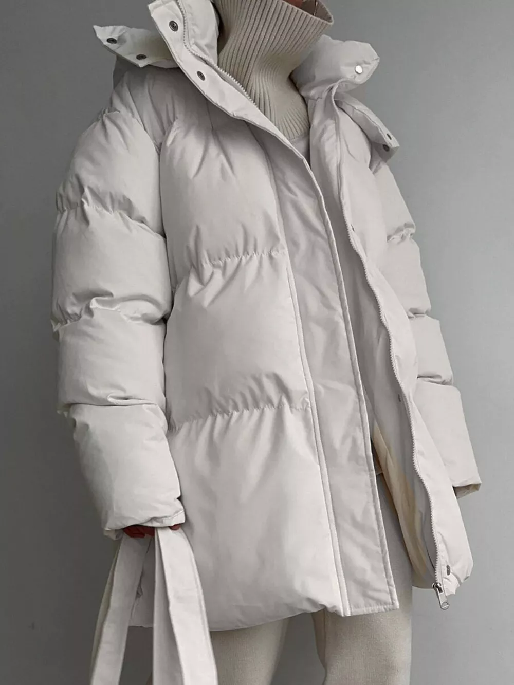 Mid-Length Thickened Hooded Winter Coat with Belted, image 12