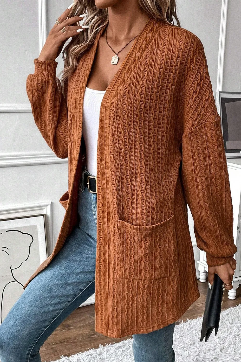 Textured Pocketed Open Front Long Sleeve Cover Up, image 4