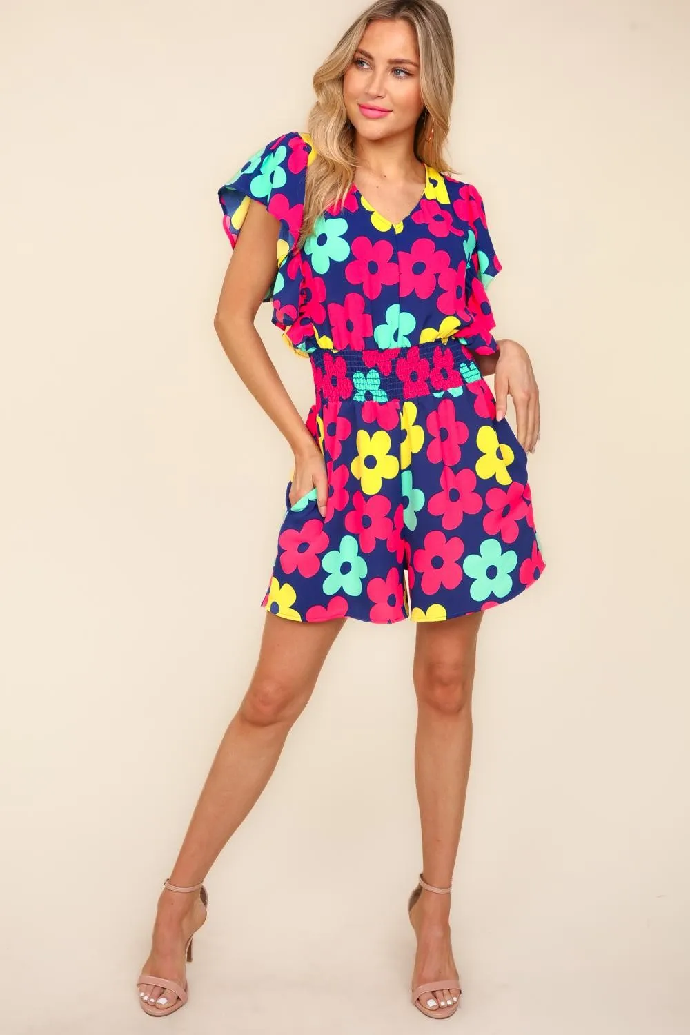 Floral Smocked Waist Romper with Side Pockets, image 3