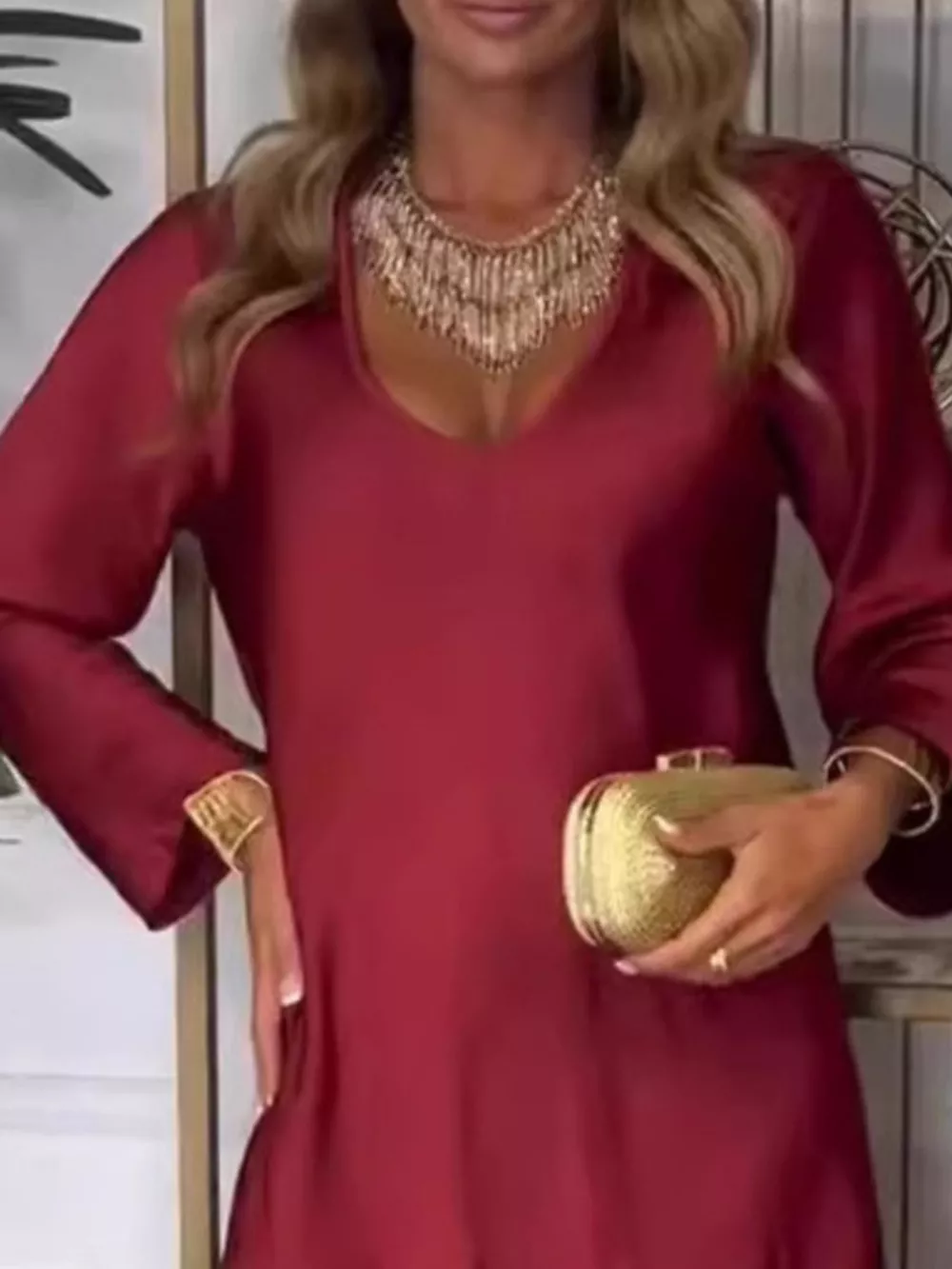 Full Size V-Neck Long Sleeve Midi Dress Plus Size, image 4