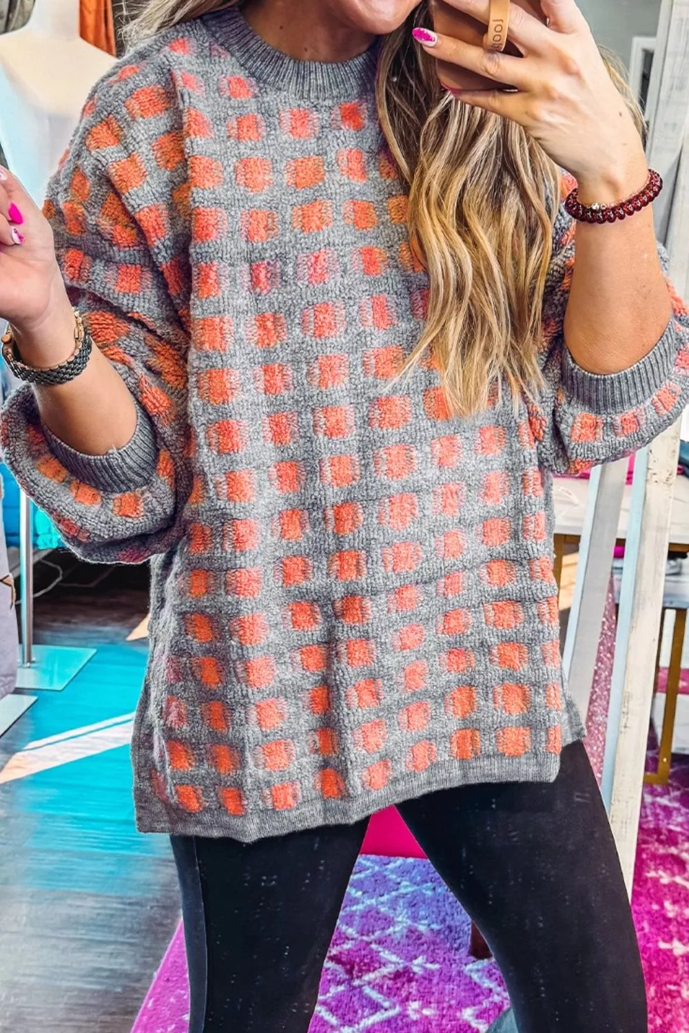 Plaid Round Neck Dropped Shoulder Sweater, image 3