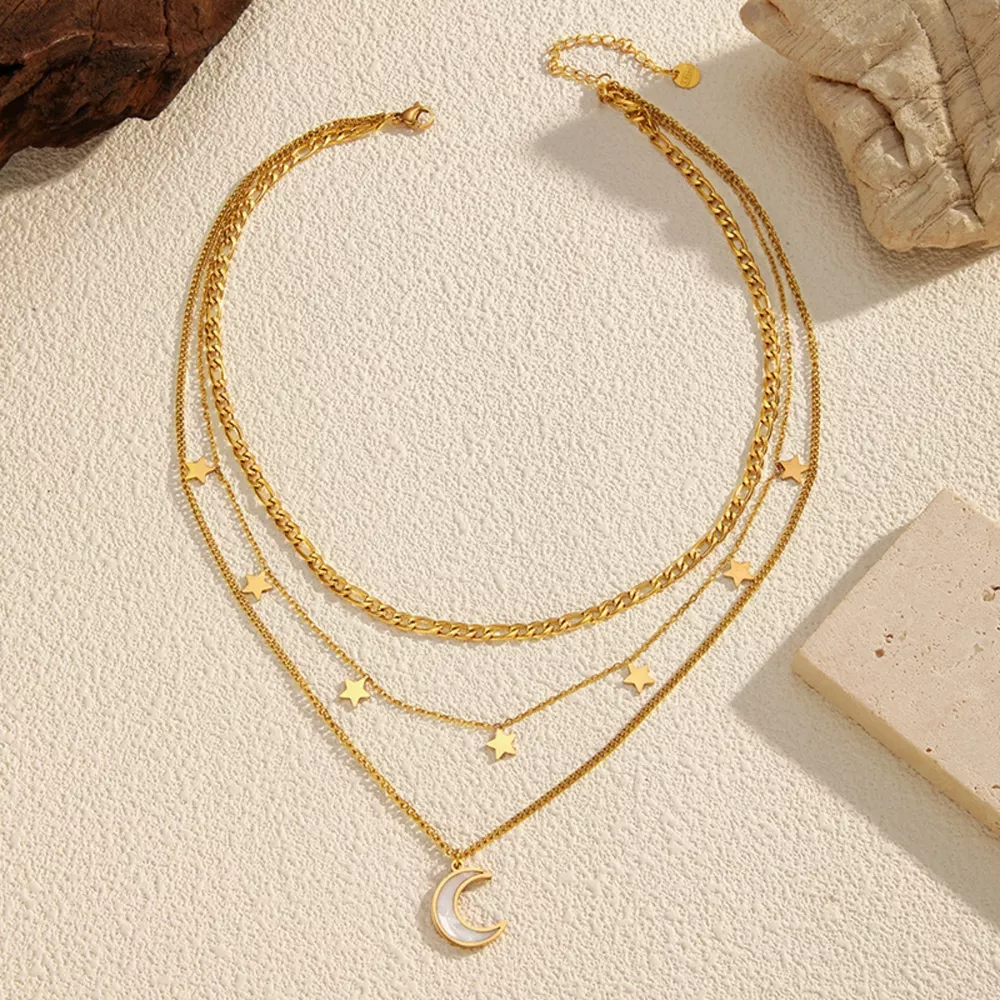 18K Gold-Plated Moon Three-Layered Necklace, image 4