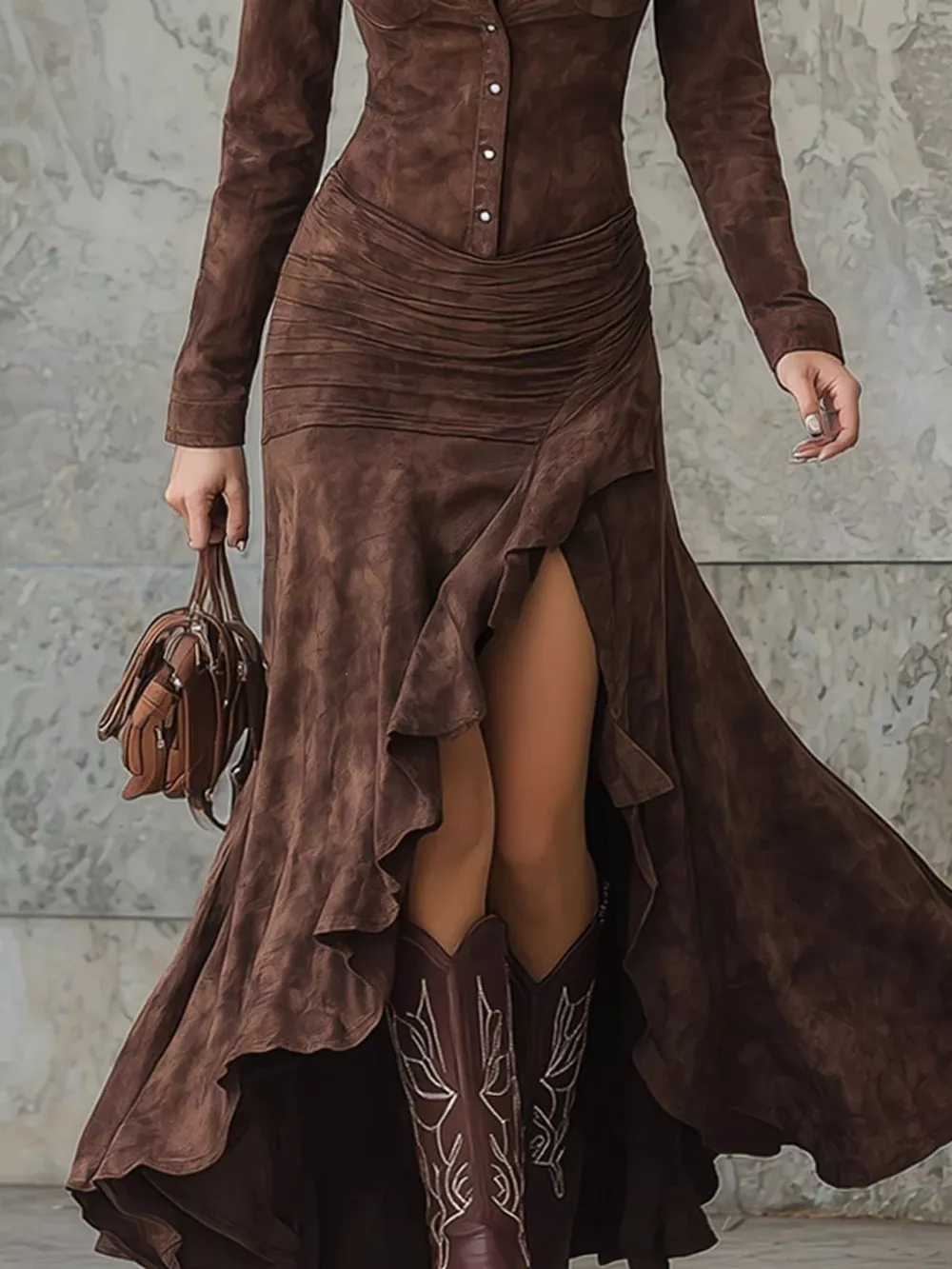 Full Size High-Low Long Sleeve Maxi Dress Plus Size, image 3
