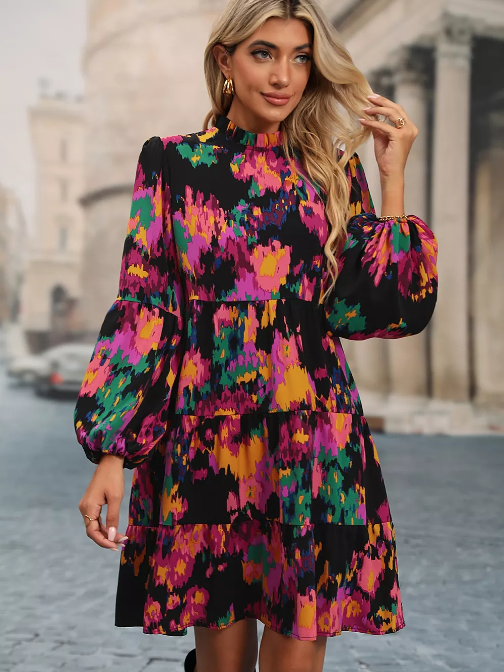 Printed Balloon Sleeve Mini Dress, image 10